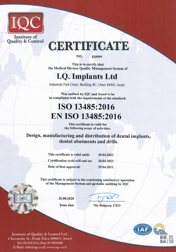 Certificados - IQ Implants ltd